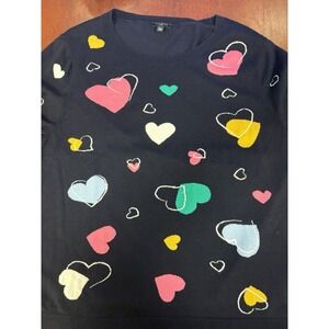 Talbots Navy Blue Sweater Crew Neck Multicolored Hearts Long Sleeve Knit